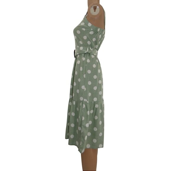 NWT Monteau Green Polka Dot Midi Linen Blend Belted Cottagecore Sz XS Dress - Picture 7 of 13